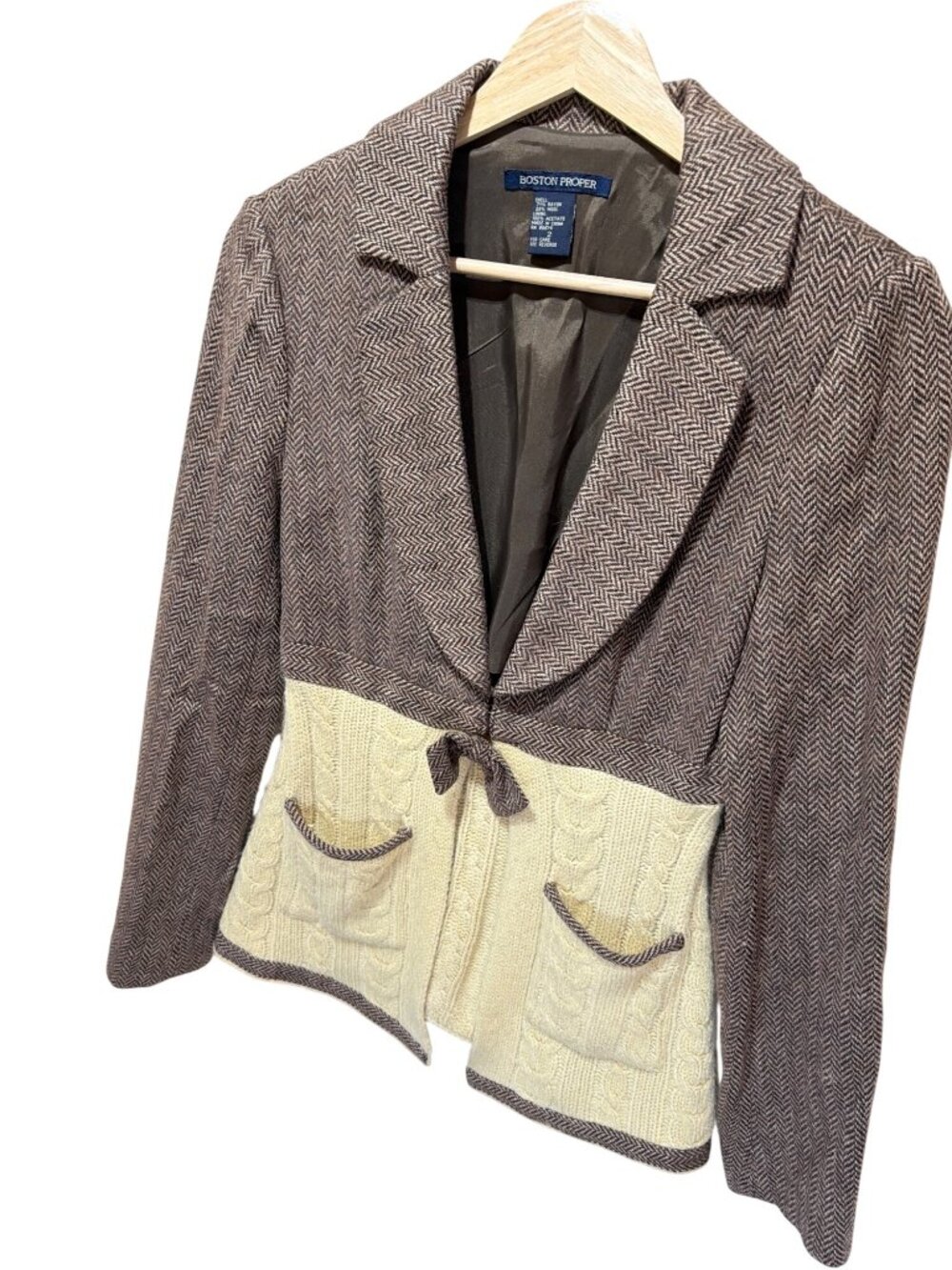 Boston Proper Vintage Hybrid Herringbone Tweed & Cable Knit Blazer Jacket